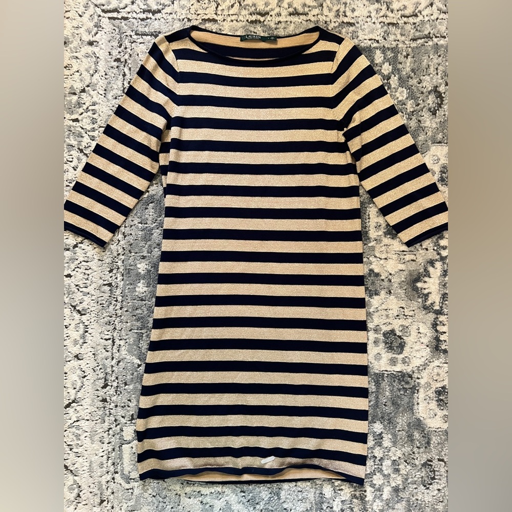 RALPH LAUREN nautical midi sweater dress striped navy gold metallic boatneck L